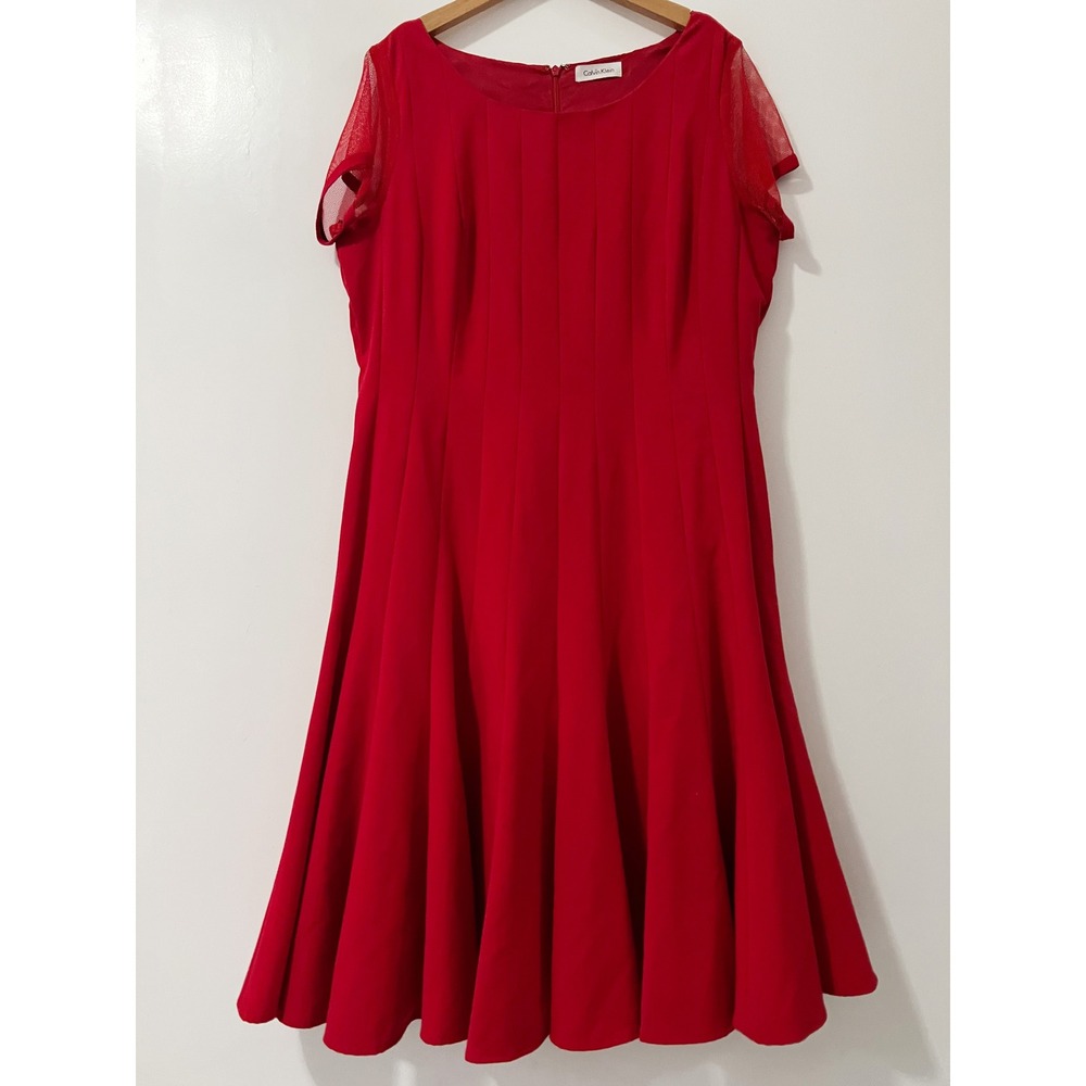 Calvin Klein Womens Red Fit & Flare Dress Short Mesh Sleeve Scoop Neck Size 10